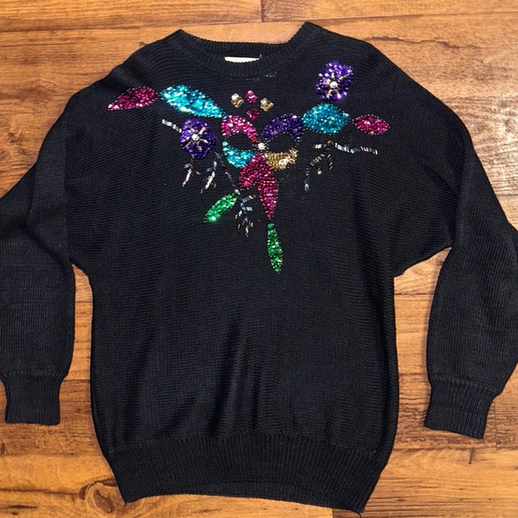 Marmie West • Vtg • 1980’s • Medium • Beaded/• Floral • Black • Sweater - Picture 6 of 10